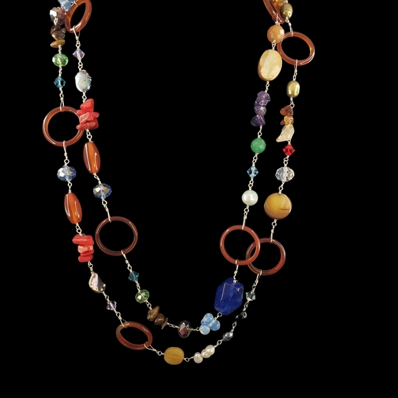 Long station necklace pearls carnelian lapis semi precious stones - Picture 7 of 8